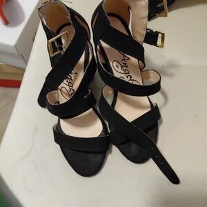 Teeze Me Black Strappy Heels with Gold Buckles